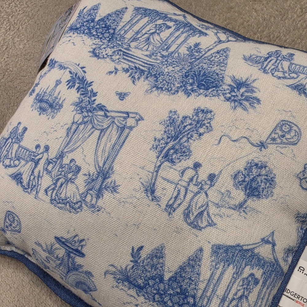 Bridgerton Toile Throw Pillow Blue White Garden Tassel Cushion 10" x 10" Dating - Picture 3 of 16